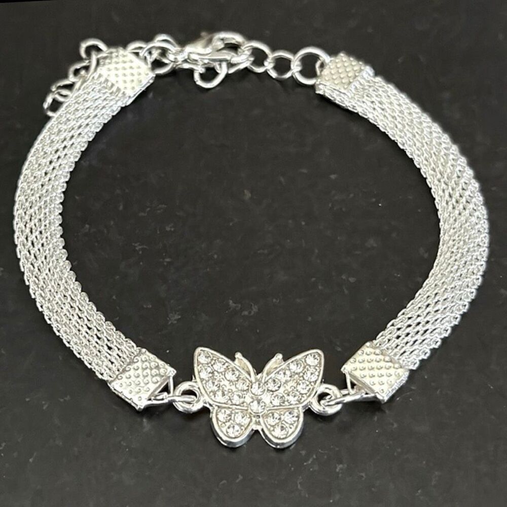 Crystal Butterfly Mesh Bracelet in Silver Tone - 6.5”-8”